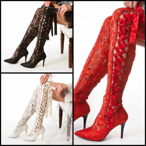 Women Lace Fashion Lace Up Knee High Boots