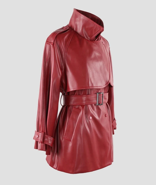 Women Faux Leather Belted Short Fashion Trench Jacket