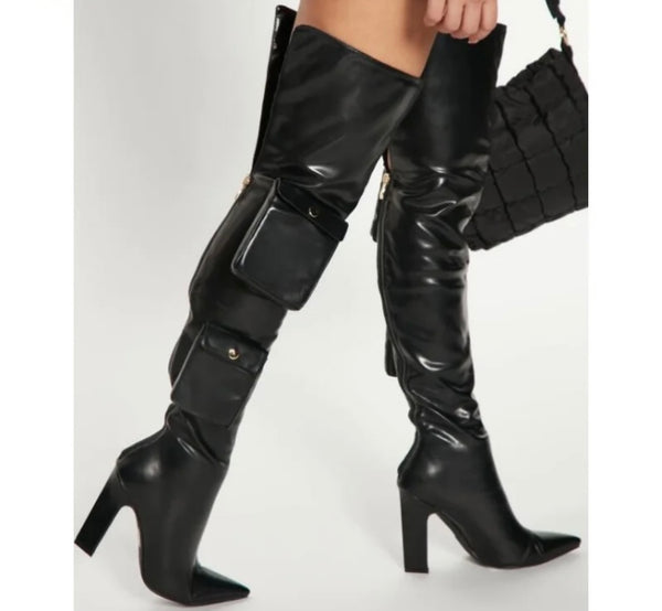 Women Black Faux Leather Pocket Fashion Over The Knee Boots