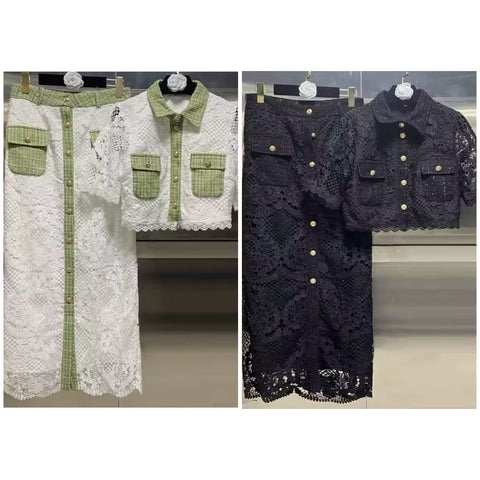 Women Button Up Short Sleeve Tweed Lace Two Piece Skirt Set
