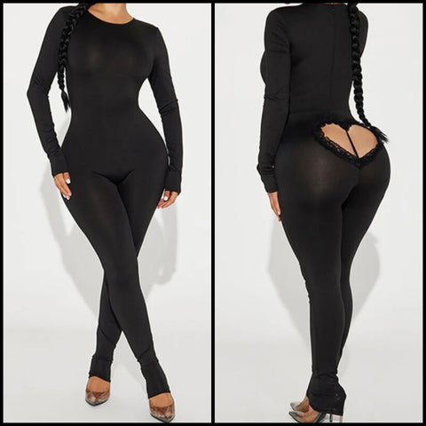 Women Black Sexy Fashion Full Sleeve Heart Cut Out Jumpsuit