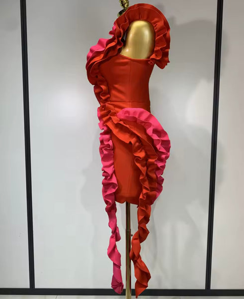 Women Sexy Red One Shoulder Ruffled Dress