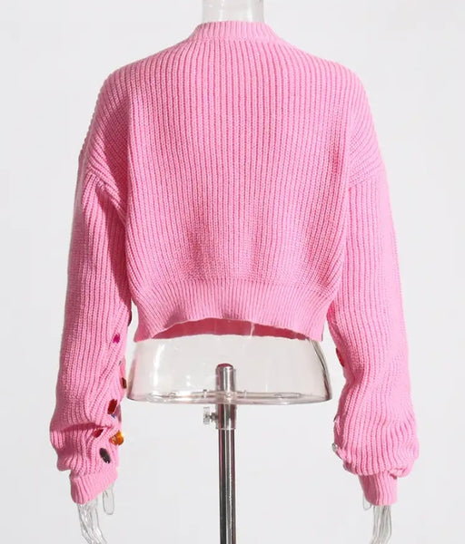 Women Full Sleeve Colorful Gem Sweater Crop Top