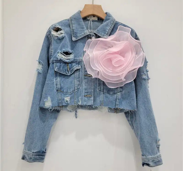 Women Fashion Ripped Floral Denim Jacket