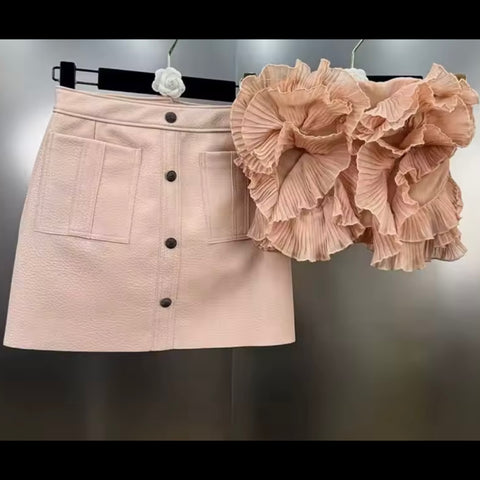 Women Sexy Ruffled Strapless Two Piece Faux Leather Skirt Set