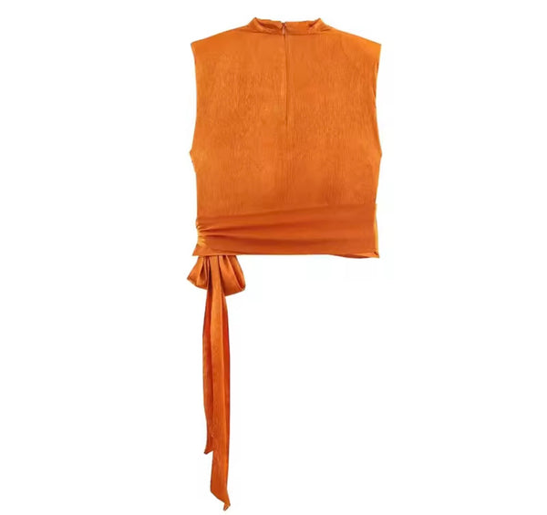 Women Sleeveless Satin Ruched Tie Up Top
