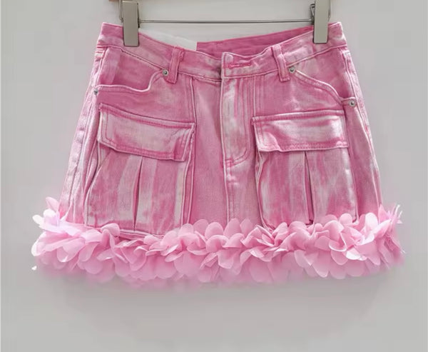 Women Fashion Pink Ripped 3D Floral Denim Jacket Two Piece Skirt Set