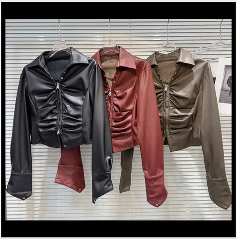 Women Fashion Button Up Full Sleeve Faux Leather Top