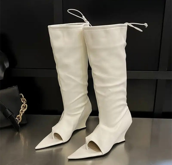 Women Fashion Pointed Open Toe Platform Wedge Knee High Boots