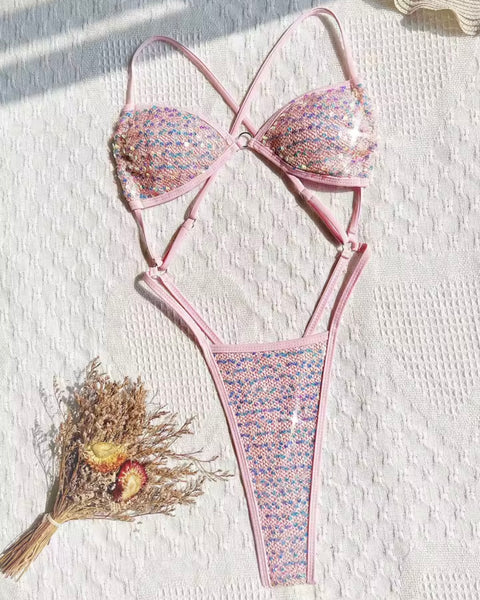 Women Sexy Sequins Open Back Cut Out Thong Swimsuit