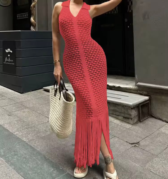 Women Sexy Halter Sleeveless Knitted Tassel Maxi Dress