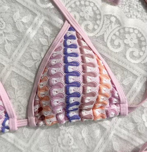 Women Pink Colorful Print Knitted Bikini Swimsuit