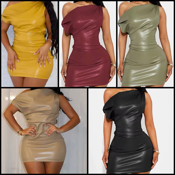 Women Sexy PU Ruched Short Sleeve Dress