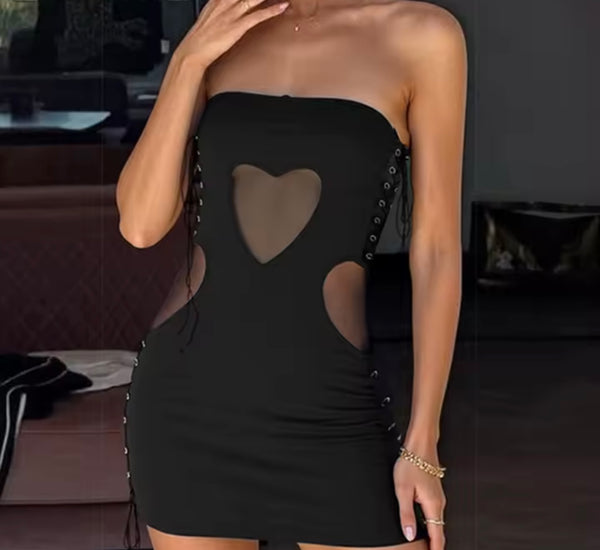 Women Sexy Black Strapless Heart Mesh Tie Up Dress