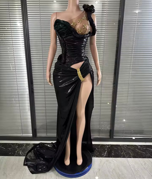 Women Sexy Sleeveless Crystal Ruched Side Split PU Maxi Dress
