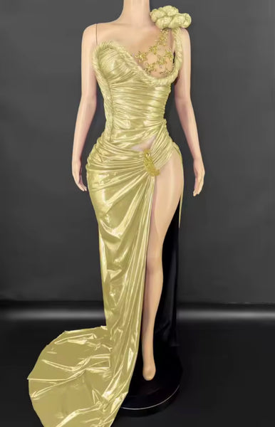 Women Sexy Sleeveless Crystal Ruched Side Split PU Maxi Dress