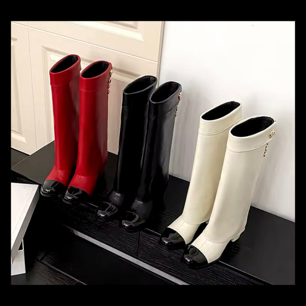 Women Fashion Faux Leather Gold Button Knee High Boots