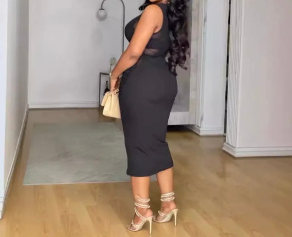 Women Black Sexy Sleeveless Mesh Patchwork Dress