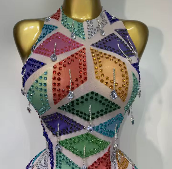 Women Halter Sleeveless Colorful Crystal Mesh Bodysuit Top