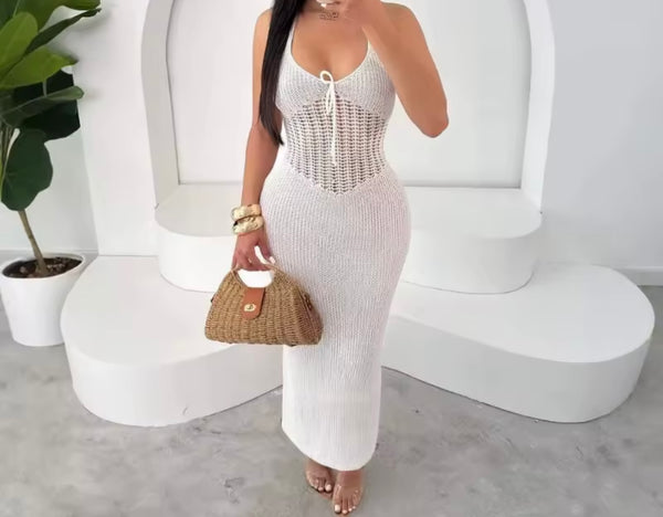 Women Sexy White Halter Sleeveless Knitted Maxi Dress