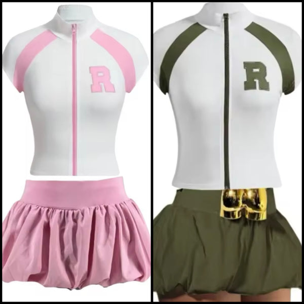 Women Letter Zip Up Short Sleeve  Sexy Two Piece Skirt Set