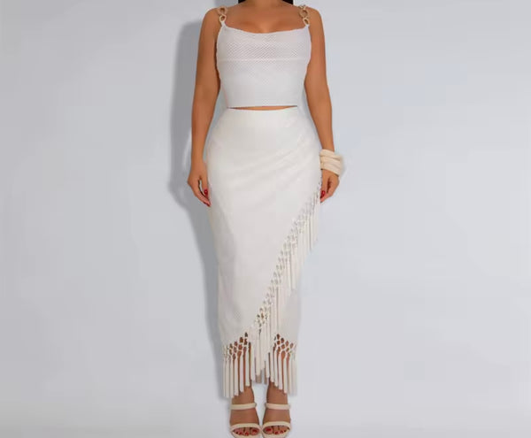 Women Sexy Chain Sleeveless Fringe Two Piece Maxi Skirt Set