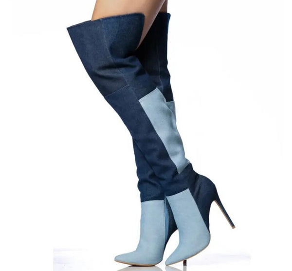 Women Fashion Pointed Toe Color Patchwork Knee High Boots