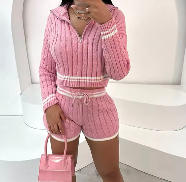 Women Color Striped Full Sleeve Fashion Two Piece Short Set