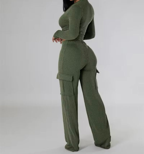 Women Color Ribbed Zip Up Full Sleeve Bodysuit Two Piece Pant Set