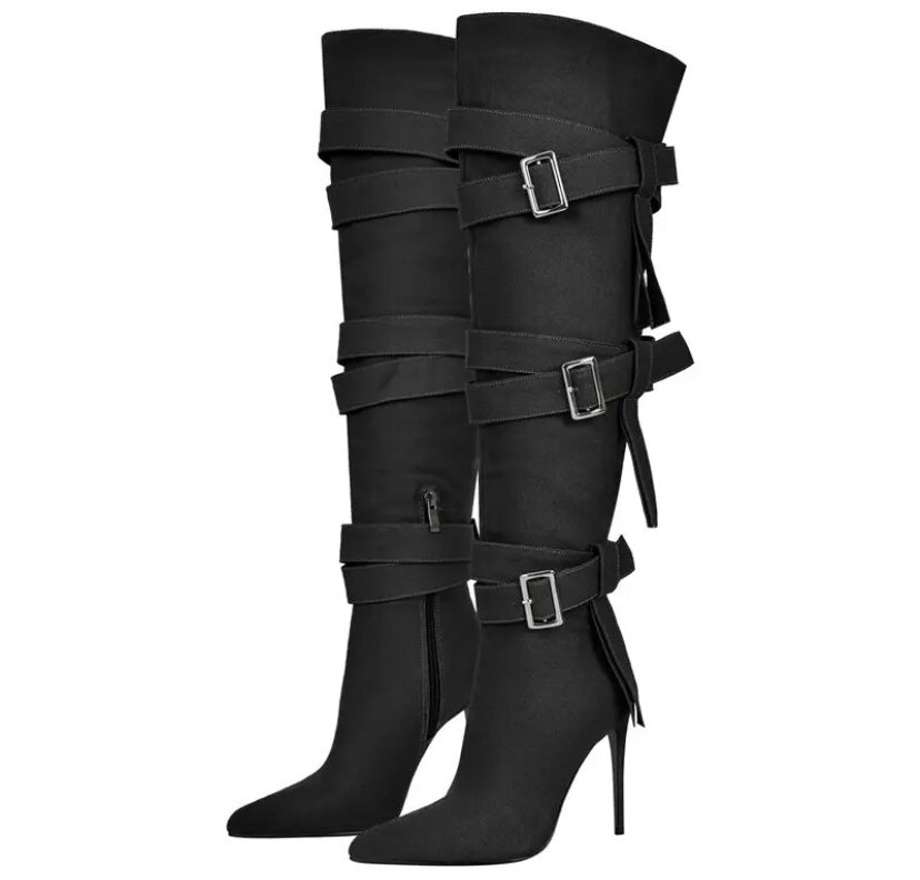 Women Buckled High Heel Fashion Knee High Boots