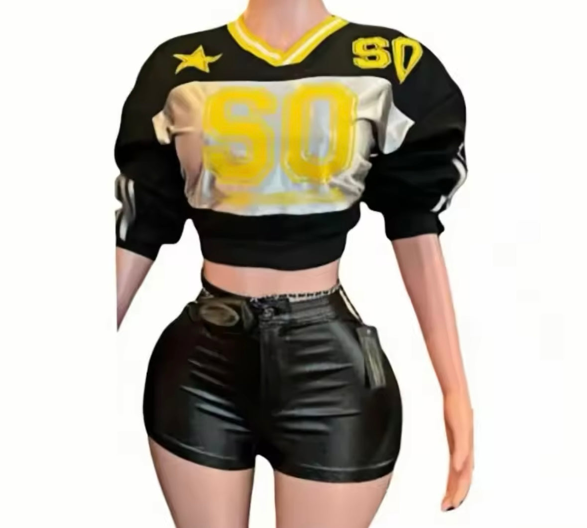 Women Fashion Letter Full Sleeve Two Piece PU Short Set