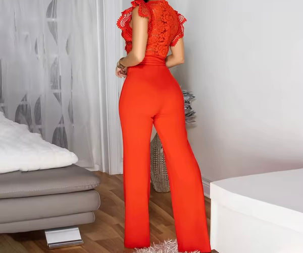 Women Sexy Lace Patchwork Short Sleeve Tie Up Jumpsuit