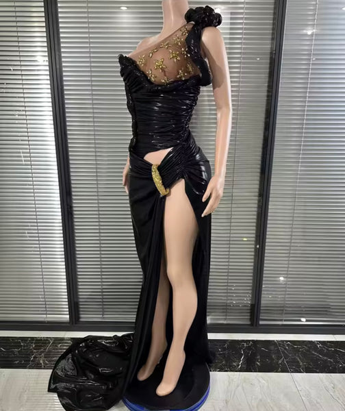 Women Sexy Sleeveless Crystal Ruched Side Split PU Maxi Dress