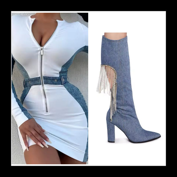 Women Denim Cut Out Heart Rhinestone Tassel Knee High Boots