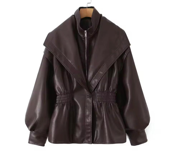 Women Fashion Zip Up Button Faux Leather Jacket