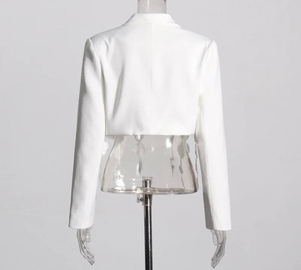 Women White Floral Patchwork Crop Blazer Top