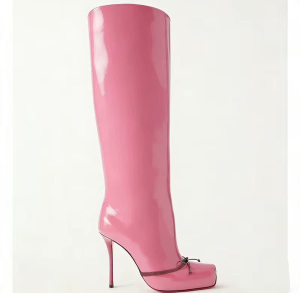 Women Fashion Square Toe Bow Faux Leather Knee High Boots