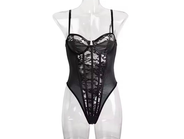 Women Sexy Sleeveless Black Floral Lace Patchwork Bodysuit Lingerie