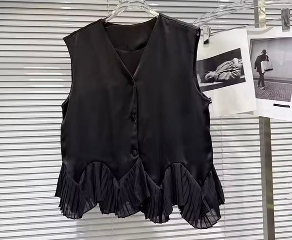 Women Black Button Up Ruffled Sleeveless Two Piece Pant Set