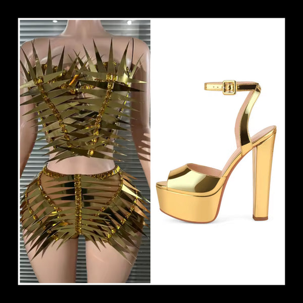 Women Sexy Strapless Chrome Spiked Embellish Two Piece Short Set