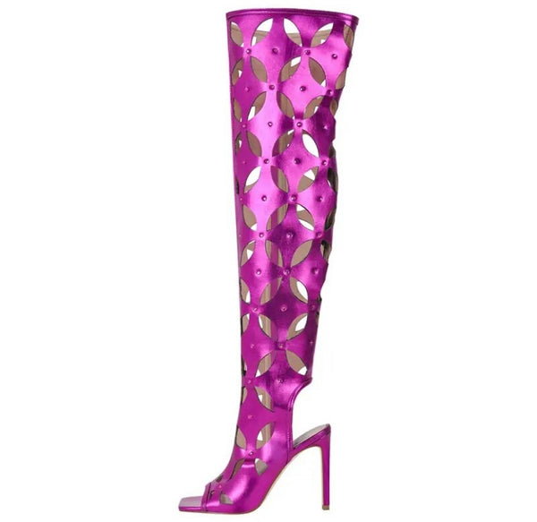 Women Open Toe Hollow Out Fashion Knee High Boots