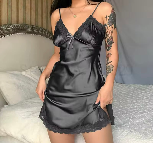 Women Satin Sleeveless Lace Bow Sexy Nightgown Lingerie
