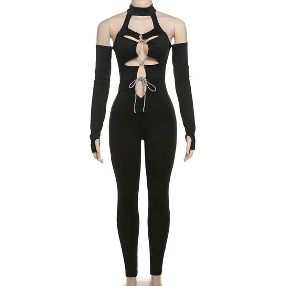 Women Black Sexy Cut Out Full Sleeve Lace Up Jumpsuit