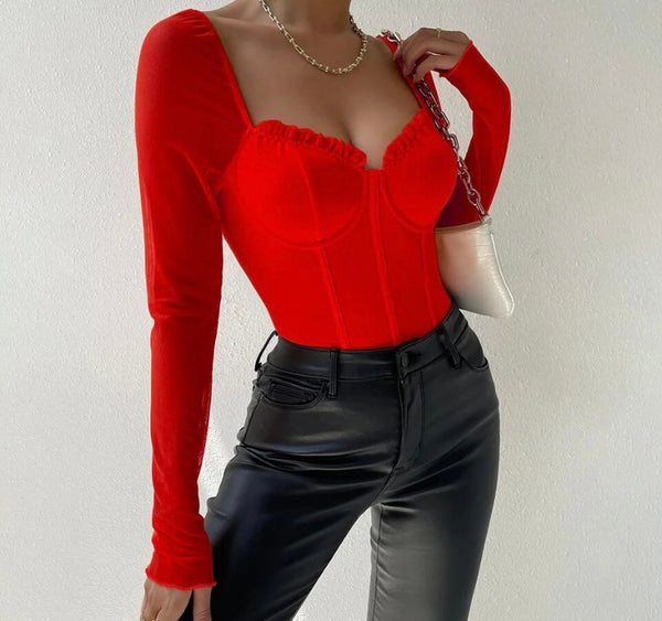 Women Sexy Solid Color Full Sleeve Ruffled Bodysuit Top