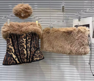 Women Sexy Sequins Leopard Faux Fur Three Piece Skirt Set