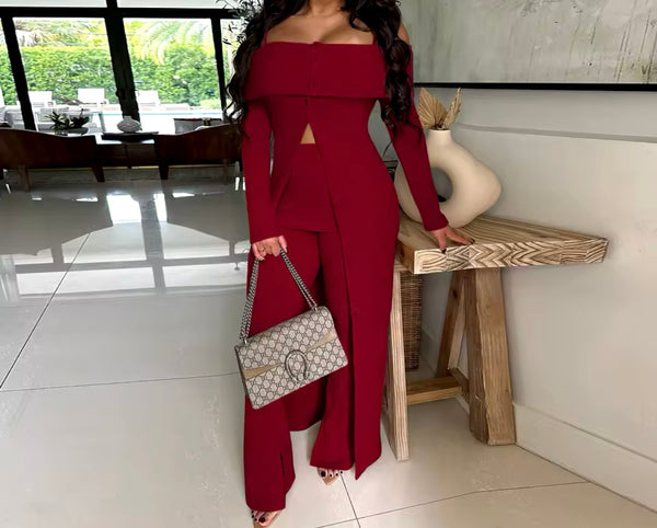 Women Off The Shoulder Ribbed Asymmetrical Two Piece Pant Set