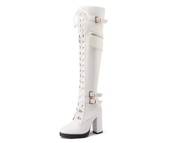 Women Fashion Pocket Buckled Lace Up Platform Knee High Boots