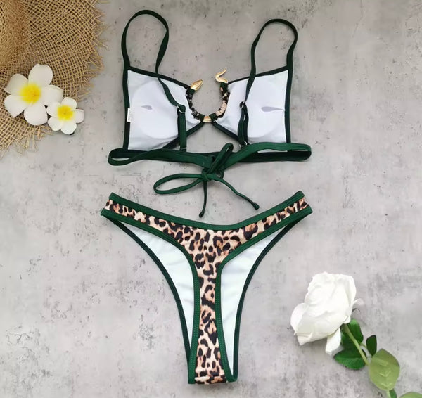 Women Sexy Green Leopard Thong Bikini Swimsuit