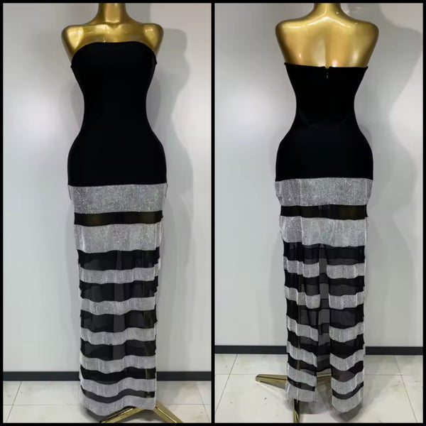 Women Sexy Strapless Black Bling Patchwork Maxi Dress