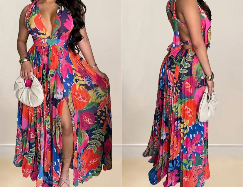 Women Sexy Sleeveless Multicolored Print Maxi Dress